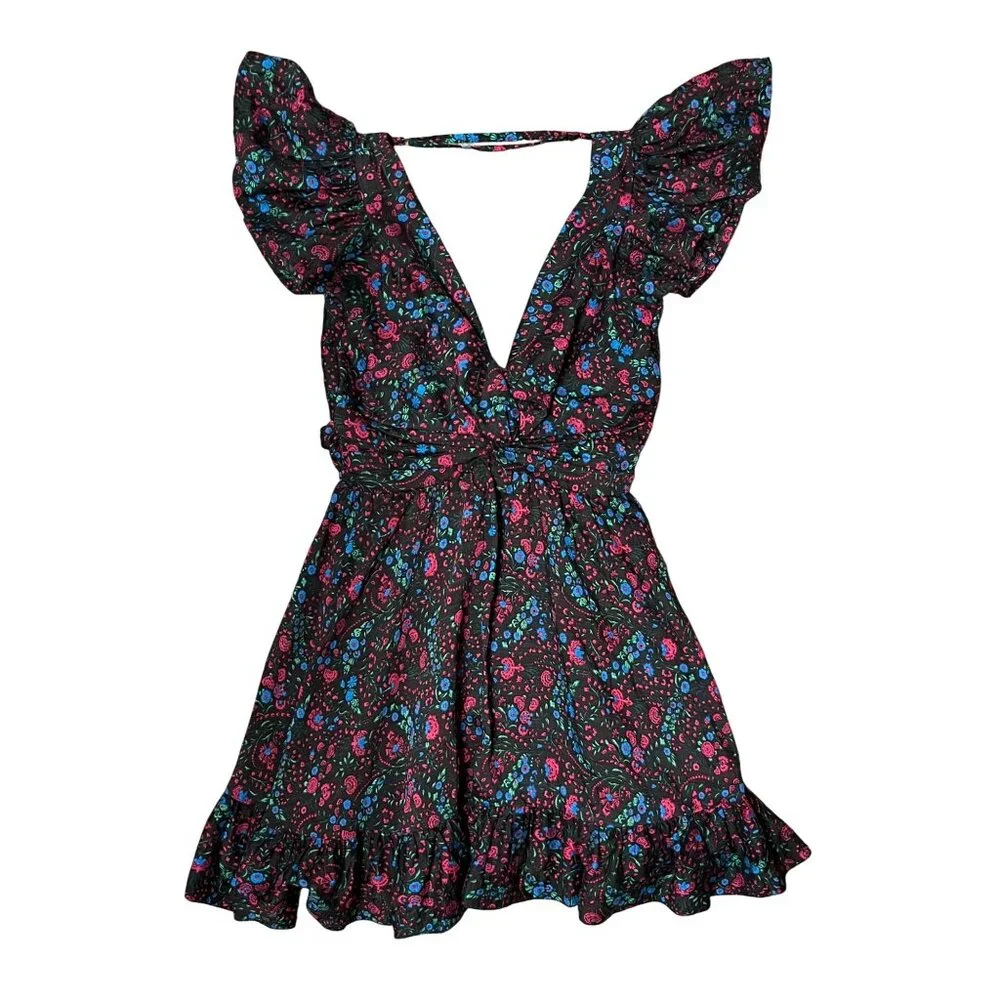 $232 Anthropologie Sabina Musayev S Black Mini Dress Floral Backless Ruffle Pink